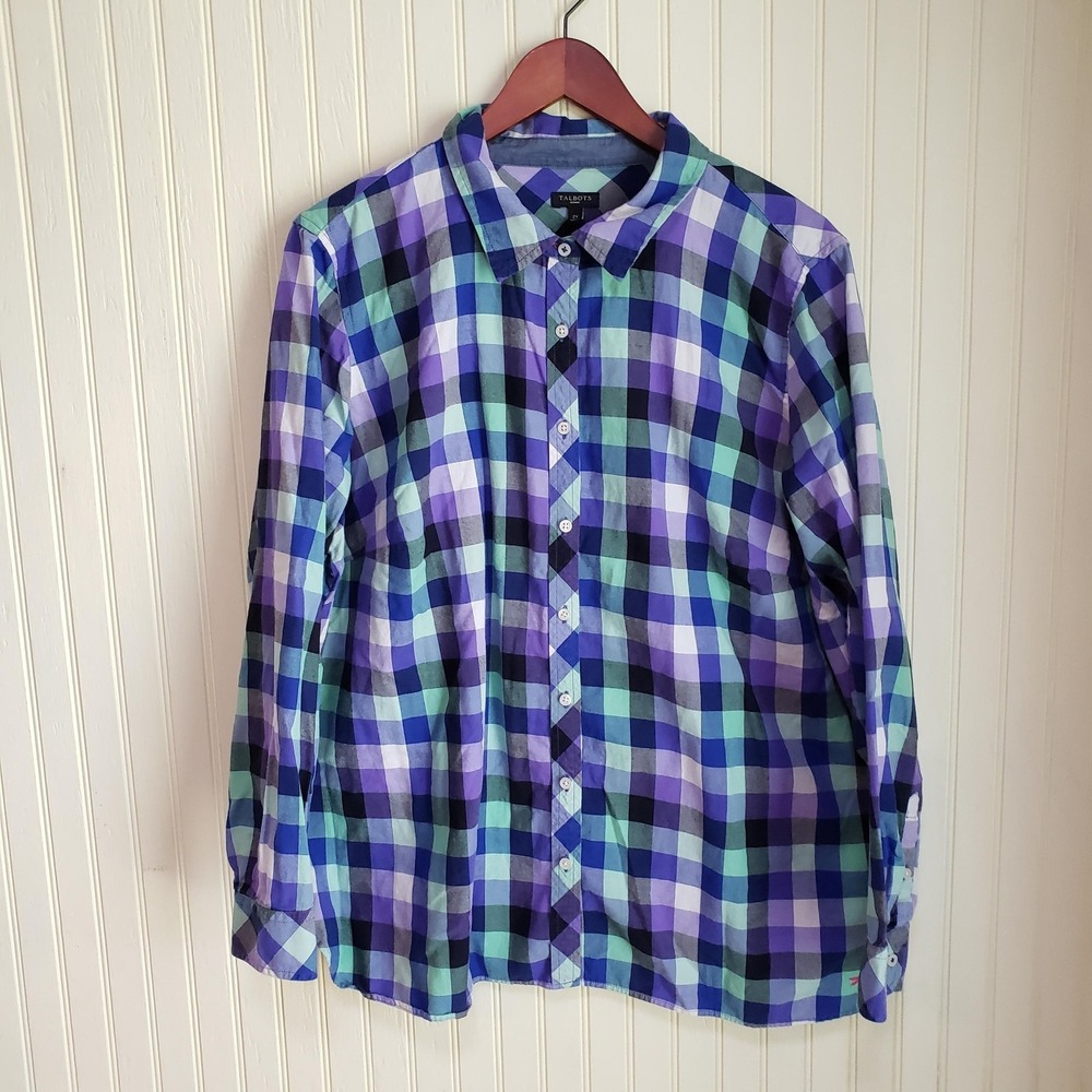 Talbots‎ Button Up Shirt Womens 2X Blue Green Plaid Long Sleeve Cotton Dragonfly - Picture 2 of 9